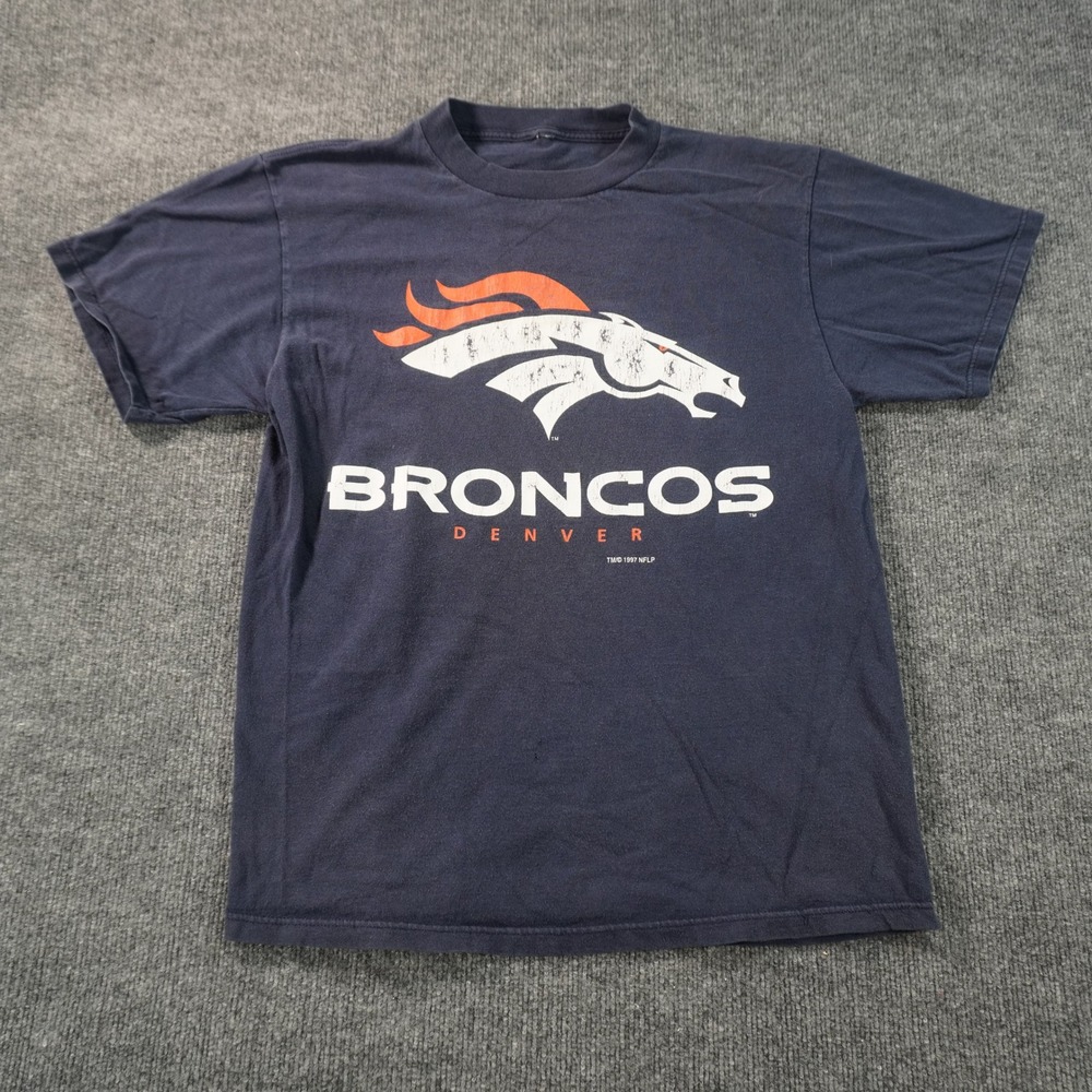 Vintage NFL Denver Broncos T-Shirt Mens Medium Navy Blue 1997 Graphic Tee Logo